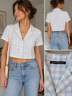 💙 Brandy Melville Blue Plaid Cropped Button-Up Top Small | Soft Girl Coq